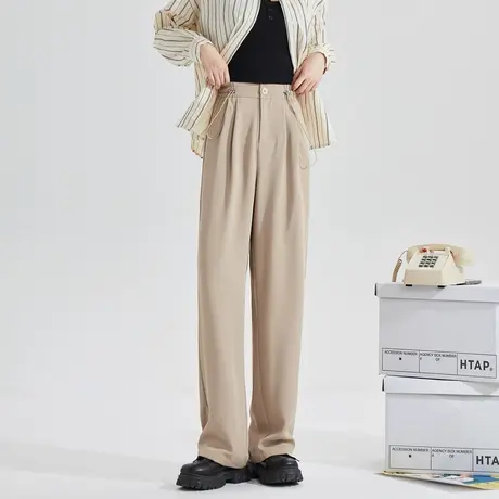 唐狮直筒小众宽松高腰棕色裤子春秋休闲阔裤腿女西装拖地长裤图片