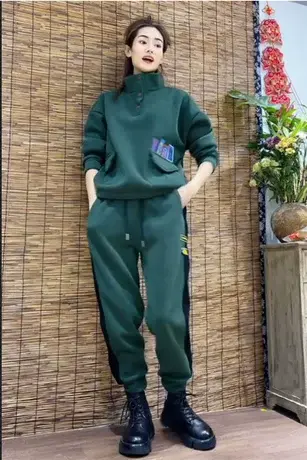 2023冬新款加绒加厚休闲运动套装女高领纽扣撞色哈伦裤卫衣两件套图片