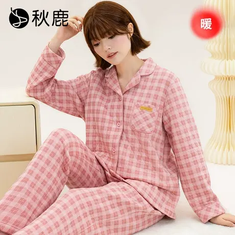 秋鹿空气棉睡衣女秋冬季新款纯棉三层夹棉加厚格子棉袄家居服套装商品大图