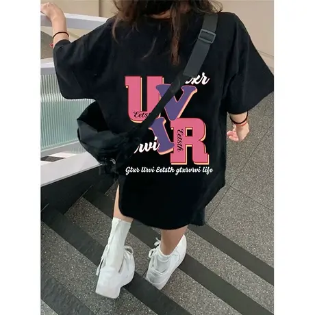 美式街头ins潮短袖t恤女夏装慵懒风宽松大码显瘦胖mm遮肚上衣藏肉商品大图