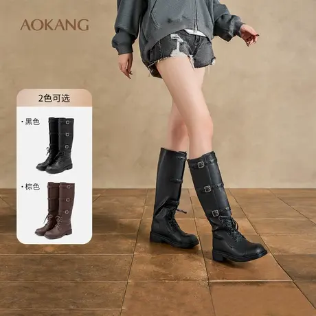 奥康女鞋 冬季新款棕色不过膝长筒靴西部牛仔靴复古骑士靴商品大图