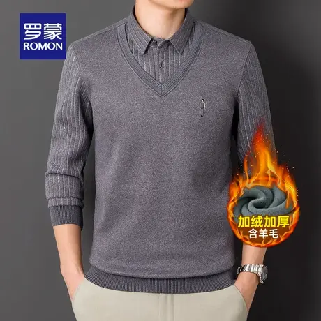 【含桑蚕丝+羊毛】罗蒙男士假两件针织衫2025冬季新款保暖毛线衣图片
