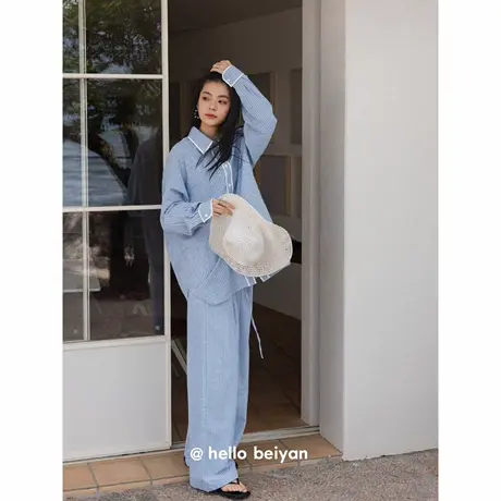 贝妍睡衣女款春秋季柔软棉长袖家居服复古撞色条纹衬衫款慵懒套装商品大图