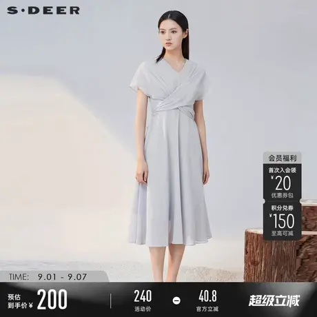 sdeer圣迪奥女秋季V领立体裁剪雪纺短袖连衣裙S223Z12R4图片