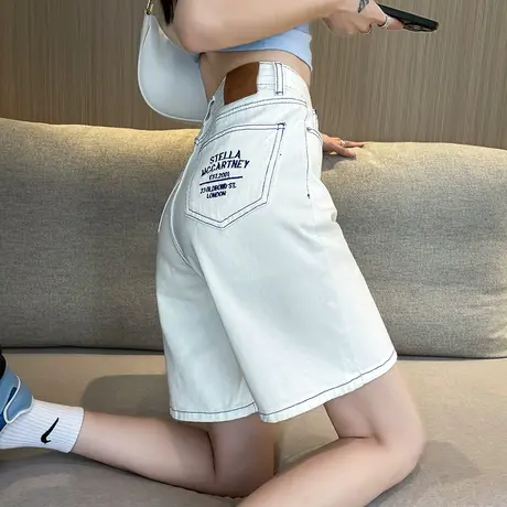 白色五分牛仔短裤女夏季2023年新款薄款宽松高腰直筒阔腿中裤子潮商品大图
