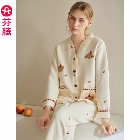 芬腾睡衣女秋冬季新款空气棉夹层纯棉长袖女款休闲大码家居服套装图片