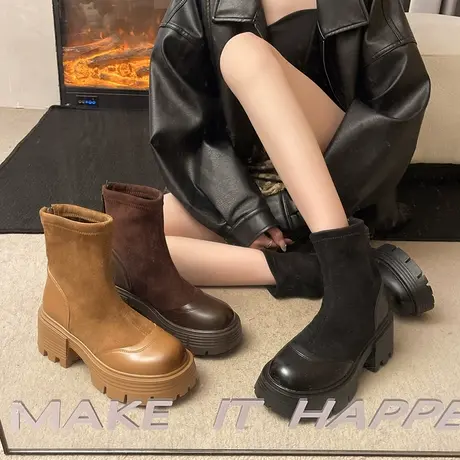 棕色马丁靴女款2025新款秋冬加绒棉鞋英伦风厚底瘦瘦靴高跟短靴子商品大图