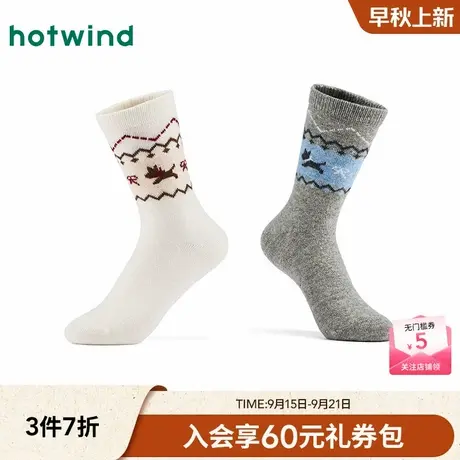 热风女士袜子保暖加厚中筒袜2025年冬季新款文艺费尔岛小狗高帮袜商品大图