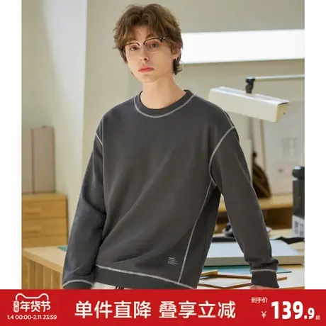 唐狮2026春季新款男净色圆领卫衣撞明线男士运动休闲卫衣日系极简图片