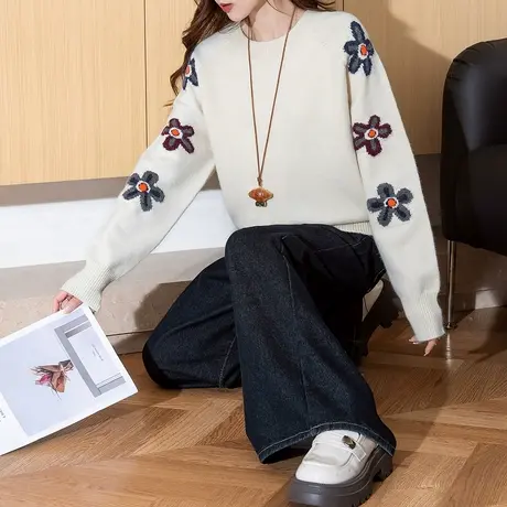 唐狮秋冬花朵图案圆领套头可爱高级感百搭休闲日常毛衣女TD商品大图