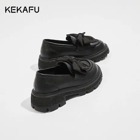 珂卡芙厚底小皮鞋女2023新款春秋黑色乐福鞋蝴蝶结一脚蹬粗跟单鞋商品大图