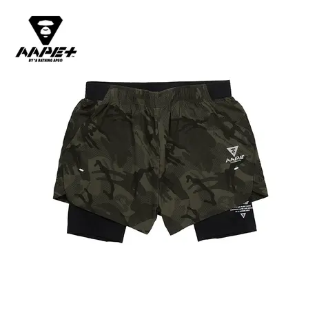 AAPE+运动男装春夏猿颜字母印花迷彩双层训练短裤6296XX9图片