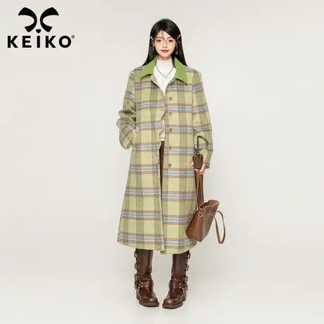 KEIKO [夹棉]韩系复古绿格子羊毛呢大衣2023秋冬宽松长款呢子外套商品大图