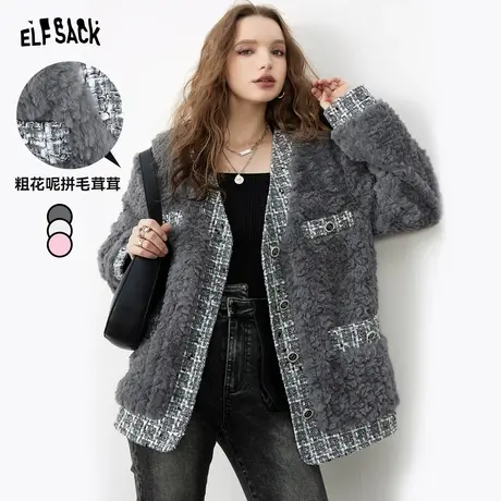 妖精的口袋拼接粗花呢皮草外套女2023冬季新款小个子宽松气质上衣图片