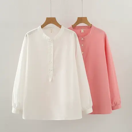 粉色纯棉宽松娃娃衫上衣女春秋春季长袖衬衫甜美别致洋气衬衣法式商品大图