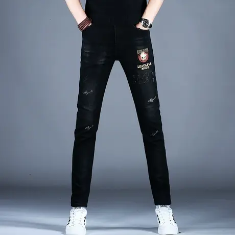 男士新款牛仔裤时尚修身黑色百搭刺绣烫钻小脚裤子潮牌2023秋冬款商品大图