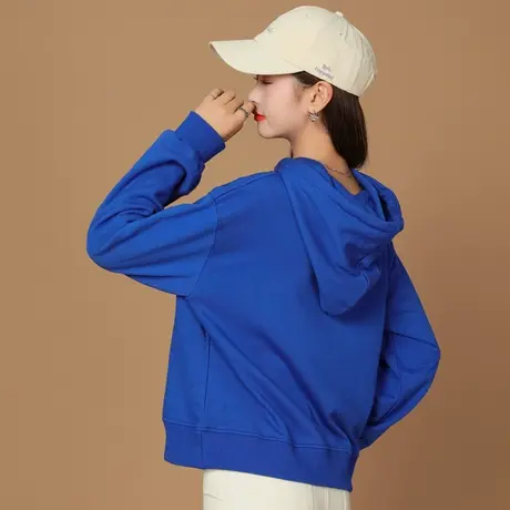 克莱因蓝连帽卫衣女2023新款春秋季带帽宝蓝色小个子短款外套休闲商品大图