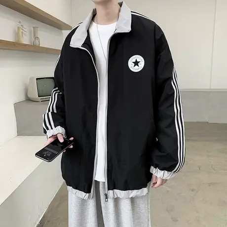 条纹立领外套男潮牌潮流ins港风宽松大码春秋美式桑延冲锋衣夹克商品大图