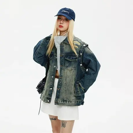 复古水洗做旧牛仔外套女春秋2023新款破洞宽松oversize夹克上衣潮商品大图