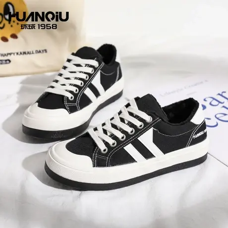 环球冬季加绒拼色帆布鞋女鞋子ins潮流超火休闲保暖板鞋女运动鞋商品大图