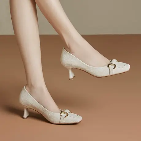 复古方头高跟鞋女2024新款里外真皮粗跟设计感小众金属扣浅口单鞋商品大图