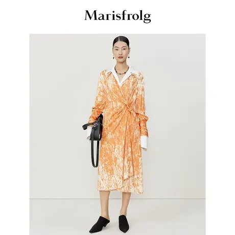 【高阶色彩系列】玛丝菲尔春季新款梵高橙法式收腰衬衫连衣裙图片