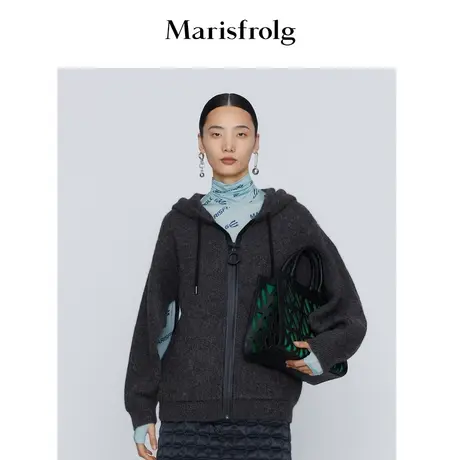 【羊毛针织衫】玛丝菲尔冬季新款深咖色羊驼毛毛针织连帽开衫商品大图