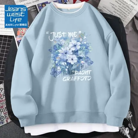 真维斯LIFE奶蓝色假两件卫衣女2024年春秋款圆领套头无帽宽松上衣商品大图