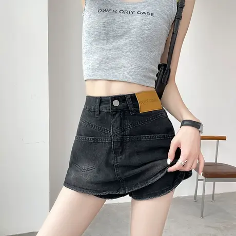 黑色牛仔裙半身裙女夏季薄款高腰包臀短裙一体假两件a字短裤裙子商品大图