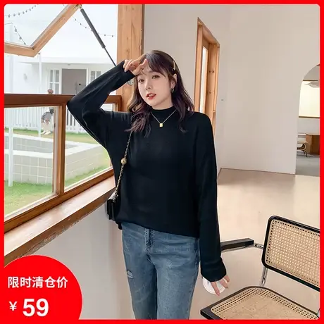 【清仓】春新款大码套头半高领基本款胖mm毛衣宽松显瘦女毛针织衫商品大图