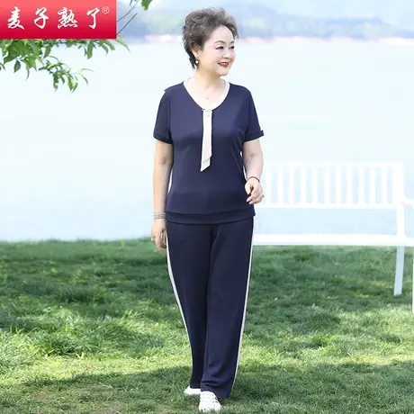 妈妈夏装洋气两件套装休闲短袖T恤小衫上衣服春夏新款中老年女装商品大图