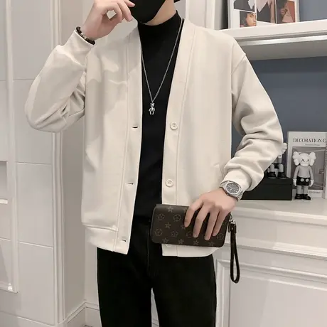 秋季网红时尚夹克外套上衣男装修身潮流休闲纯色开衫潮牌针织衫商品大图