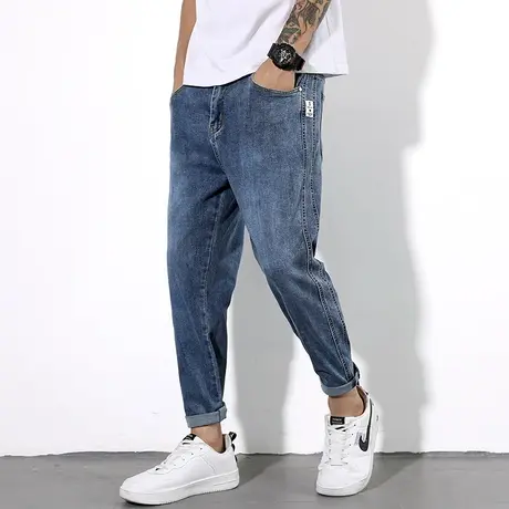 春秋款九分裤男牛仔裤弹力宽松哈伦裤加肥加大码胖人显瘦拼接潮图片