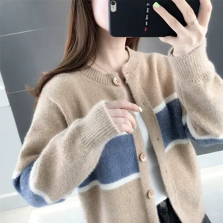 针织衫新款2023爆款春季上衣开衫女士毛衣宽松外穿雪尼尔撞色外套商品大图