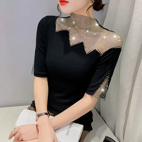 短袖女夏季2023新款网红性感镂空上衣洋气烫钻T恤衫修身百搭半袖商品大图