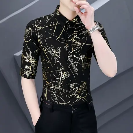 ins潮牌七分袖衬衫男士高级感个性烫金中袖衬衣网红帅气夏装短袖商品大图