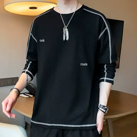 长袖t恤男士潮牌秋装上衣棉感打底衫秋冬季宽松休闲圆领内搭卫衣商品大图