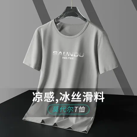 莫代尔夏季t恤男士短袖2024新款冰丝冰感上衣服半袖字母印花体恤商品大图