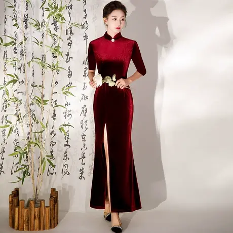 2023年新款高端大气走秀旗袍长款秋冬中老年模特舞台演出服中国风商品大图