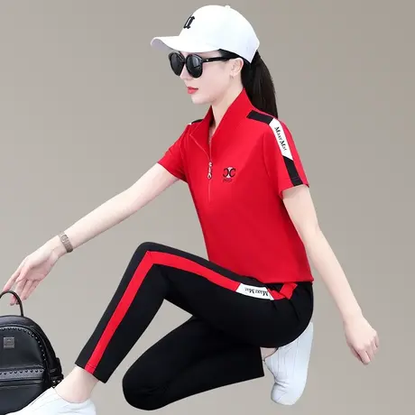 半拉链短袖长裤休闲运动服套装女夏季新款洋气显瘦薄款天丝两件套商品大图
