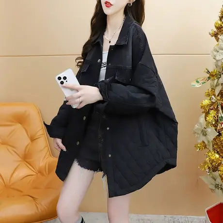 设计感牛仔拼接棉服工装外套女2023新款秋冬季宽松慵懒风百搭上衣图片