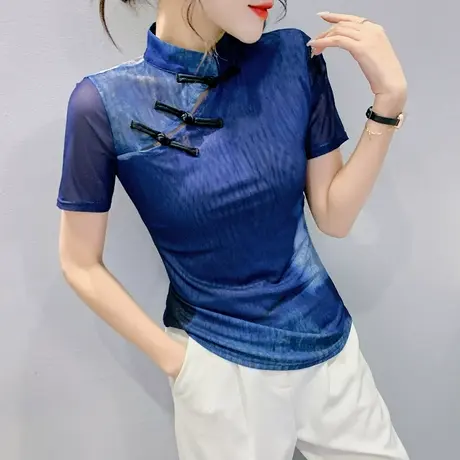 改良旗袍领盘扣T恤女短袖设计感网纱拼接上衣复古扎染半袖小衫商品大图