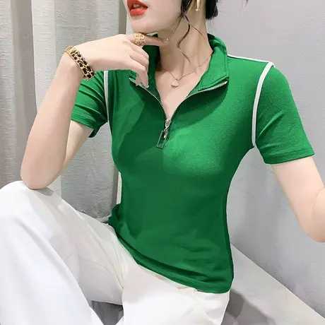 女装2024新款网红POLO领T恤短袖时尚拉链设计感上衣别致修身小衫商品大图
