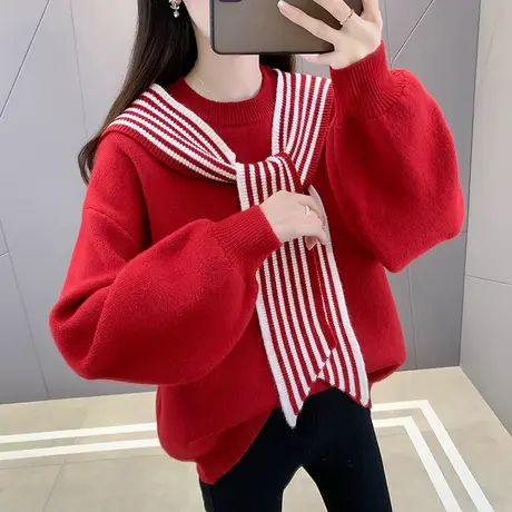 本命年衣服春秋款灯笼袖毛衣女红色外穿2023新款洋气宽松打底衫女商品大图