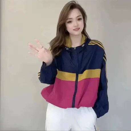 欧洲站2023夏季新款韩版撞色拼接连帽拉链防晒衣宽松时尚薄外套女商品大图