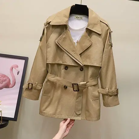 韩版英伦风气质短款修身收腰风衣外套女2023秋季春款系带工装上衣图片