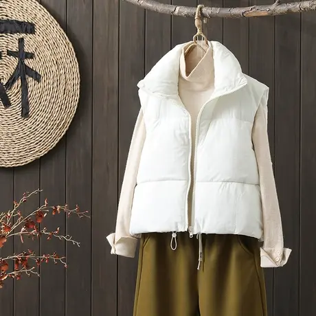 枫谜2022年冬季新款纯色立领短款棉马夹女士无袖背心棉服图片