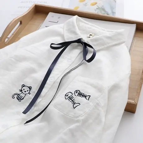 2021春装新款日系学院风长袖双层棉纱白衬衫女宽松文艺小清新衬衣商品大图