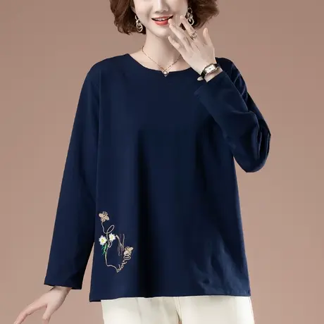 长袖t恤女秋季加肥加大码女装宽松中年妈妈纯棉刺绣百搭显瘦体恤商品大图