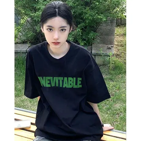 2023夏复古黑色正肩短袖T恤女夏高街小众设计感oversize潮牌上衣图片